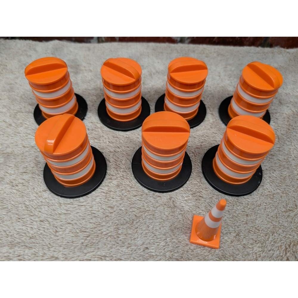 Lot 8 Toy Construction Traffic Barrels and Cone Orange Road Work Accessories